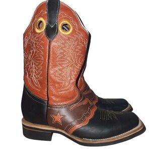 El General Western Cowboy Boots Square Toe Pull On Orange Black Star Size 7.5